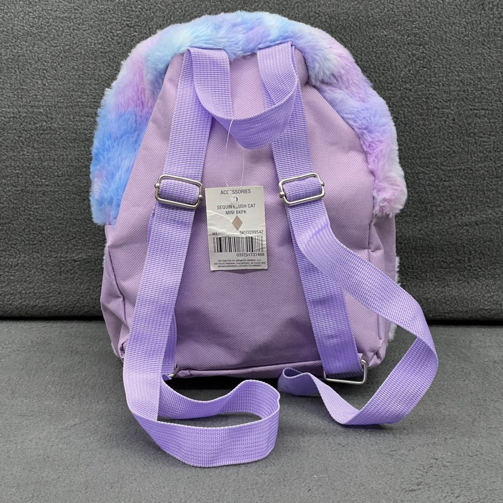 Sequin Plush Cat Mini Backpack Accessories Purple Blue Furry Girls Toddler - Picture 3 of 8